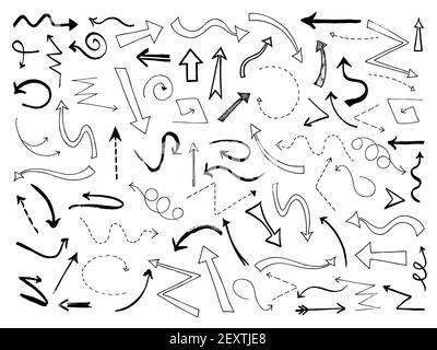 Flèches d'esquisse. Doodle symboles de la ligne de direction de la flèche noire. Jeu de vecteurs de pointeurs de sens de griffonnage. Direction de la ligne de flèche de l'illustration, pointeur de gribouillage Illustration de Vecteur