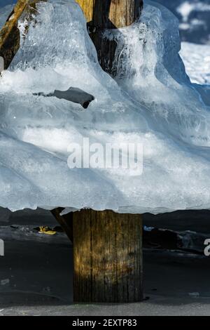 Épaisse glace de mer sur le pilier en bois d'un vieux quai.Gros plan. Banque D'Images