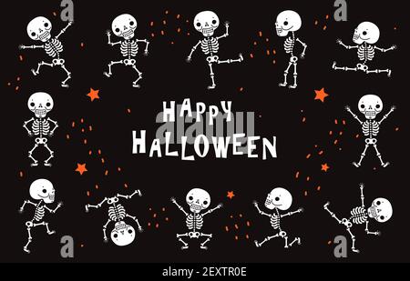 Squelettes dansants. OS humains blancs amusants en danse. Affiche noire vecteur Halloween dans le style horreur. Illustration squelette d'halloween, fête d'horreur avec crâne Illustration de Vecteur