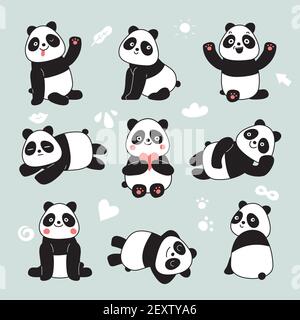 Paanda de dessin animé. Ours panda mignon, petits animaux heureux, ours chinois paresseux drôle posant. Mascotte conviviale, jeu de personnages vectoriels. Illustration de l'ours panda, dessin animé de bébé animal Illustration de Vecteur