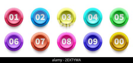 Puces 3D Numbers. Boutons circulaires avec vecteur de nombres défini. Icônes colorées des boutons 3d. Illustration du bouton 3d du marqueur, numéro de point circulaire Illustration de Vecteur
