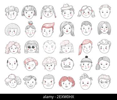 Esquissez des avatars de personnes. Portraits de femmes et de hommes, visages humains, hommes et femmes profil utilisateur doodle icônes vecteur set. Profil mâle et femelle, dessin de l'illustration de l'utilisateur Illustration de Vecteur