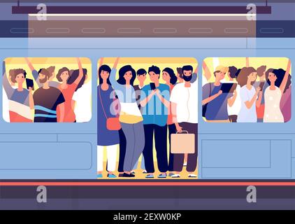 Foule dans le métro. Les gens se poussant les uns les autres dans une voiture de métro à la gare à l'heure de pointe. Concept de vecteur de problème de transport urbain. Train public de foule, camionnette de transport avec l'illustration de personnes Illustration de Vecteur