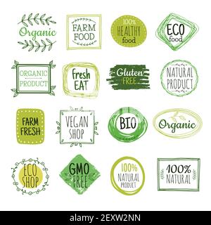 Bio-étiquettes. Légumes verts éco-aliments, sans gluten étiquettes de produits agricoles naturels. Ensemble vectoriel de badges d'aliments sains bio frais. Illustration bio et badge ECO vert Illustration de Vecteur