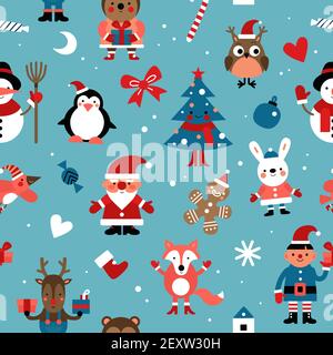 Motif de Noël. Père Noël, pain d'épice homme et lapin, orf et cerf, renard. texture sans couture vectorielle de la nouvelle année 2020. Illustration personnage de noël bonhomme de neige et pingouin, pain d'épice Illustration de Vecteur
