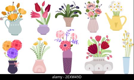 Bouquets. Bouquet de fleurs de jardin, fleurs d'herbes botaniques d'été. Plantes herbacées en pots, pichets et bouteilles. Ensemble de fleurs vectorielles plates. Illustration bouquet de fleurs botaniques, ressort de fleurs Illustration de Vecteur