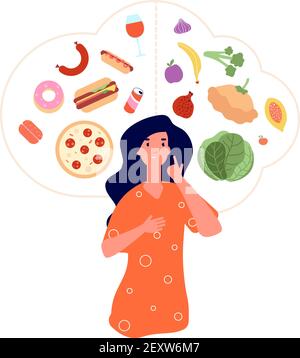 Aliments sains et malsains. Mauvaise nourriture vs bonne alimentation équilibre. La femme a le choix entre des repas frais et des repas rapides. Perte de poids obésité vecteur concept. La femme a choisi une alimentation malsaine ou une alimentation saine illustration Illustration de Vecteur