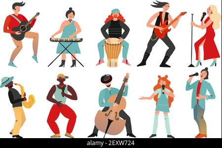 Musiciens. Groupe de rock, musicien de pop. Instruments de musique guitaristes batteurs, chanteurs artistes avec microphones, ensemble de vecteurs de personnages de dessins animés. Groupe de musique d'illustration, chanteur guitariste avec microphone Illustration de Vecteur