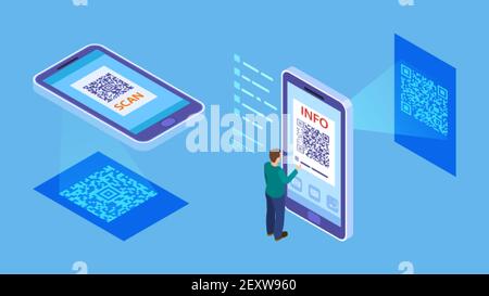 Vérification du code QR. Lecture mobile de code-barres isométrique, le client paie avec un lecteur de téléphone. Info illustration du vecteur de code QR. Scanner pour smartphone, qr isométrique en ligne Illustration de Vecteur