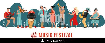 Festival de musique. Concert international, bannière d'événement musical. Musiciens avec instruments, affiche de fête en plein air. Fond de fête vectoriel. Illustration des performances acoustiques de l'événement Illustration de Vecteur