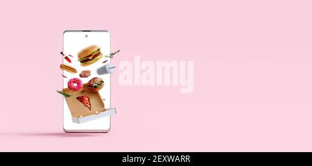 Des repas rapides sur l'écran du smartphone. Concept de commande en ligne sur fond rose rendu 3D, Illustration 3D Banque D'Images
