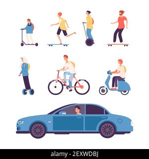 Conduite manuelle. Les gars sur le scooter et le vélo, le scooter gyro et le skateboard. Illustration vectorielle de voiture de conduite mâle. Scooter de vélo, conduire l'homme en voiture Illustration de Vecteur