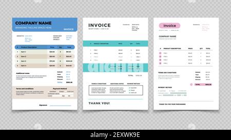 Modèle de facture. Conception des reçus de facture, facturation des devis et vente. Ensemble de vecteurs de formulaire de contrat de commande client. Illustration de l'ordre comptable, du document de facture, du paiement total Illustration de Vecteur