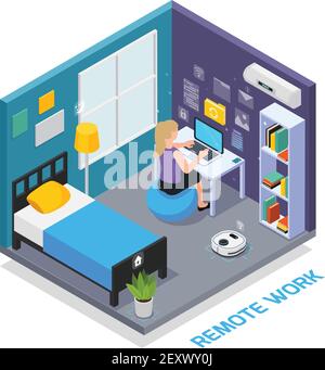 Réalité augmentée virtuelle composition isométrique à 360 degrés avec vue de intérieur de chambre à coucher avec illustration vectorielle d'appareils électroniques Illustration de Vecteur