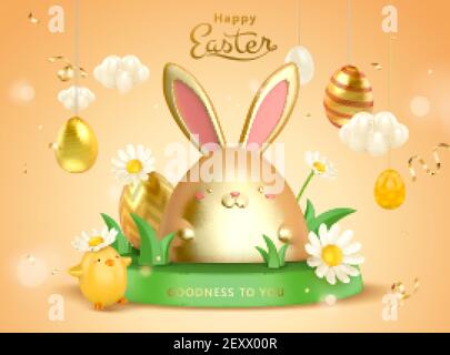 fond d'œuf de Pâques créatif en 3d. Jolis jouets de lapin sur le podium de l'herbe avec marguerites et ornements d'oeufs suspendus. Illustration de Vecteur