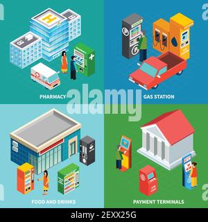 Ensemble isométrique coloré de 2x2 icônes avec terminaux de paiement et distributeurs automatiques vendant des boissons alimentaires et des produits pharmaceutiques vecteur 3d isométrique illustrati Illustration de Vecteur