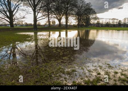 En début de soirée, les arbres se réfléchit au coucher du soleil sur les eaux inondées du roi George V jouant à Fields Hereford UK. Février 2021 Banque D'Images