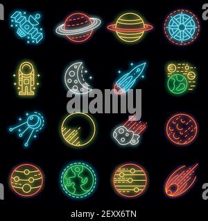 Ensemble d'icônes planètes. Ensemble de contours de planètes les icônes vectorielles sont de couleur néon sur le noir Illustration de Vecteur