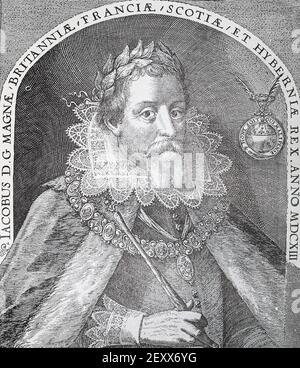 Roi anglais James I. gravure médiévale. James I, (1566 - 1625), roi d'Écosse (comme James VI) de 1567 à 1625 et premier roi Stuart d'Angleterre de 1603 à 1625, qui s'est qualifié de « roi de Grande-Bretagne ». James était un ardent défenseur de l'absolutisme royal, et ses conflits avec un Parlement de plus en plus affirmé lui-même ont préparé le terrain à la rébellion contre son successeur, Charles I. Banque D'Images