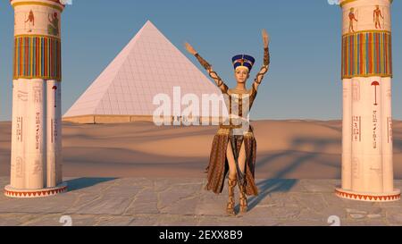 La reine Nefertiti danse devant la grande pyramide de Gizeh et une vue sur le désert dans l'ancien temple. Animation historique. Les grandes pyramides Banque D'Images