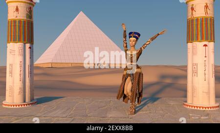 La reine Nefertiti danse devant la grande pyramide de Gizeh et une vue sur le désert dans l'ancien temple. Animation historique. Les grandes pyramides Banque D'Images