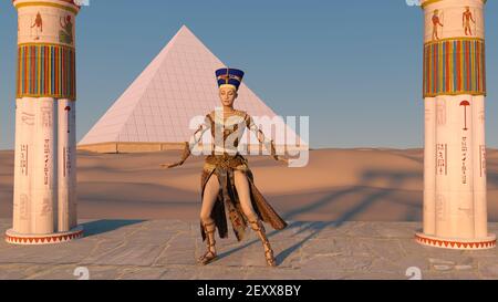 La reine Nefertiti danse devant la grande pyramide de Gizeh et une vue sur le désert dans l'ancien temple. Animation historique. Les grandes pyramides Banque D'Images