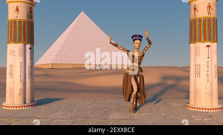 La reine Nefertiti danse devant la grande pyramide de Gizeh et une vue sur le désert dans l'ancien temple. Animation historique. Les grandes pyramides Banque D'Images