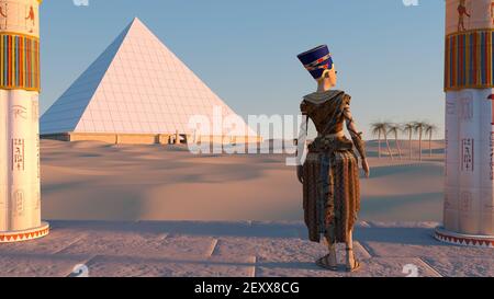 La reine Nefertiti admire les pyramides et les vues sur le désert depuis l'ancien temple. Animation historique. Les grandes pyramides de la vallée de Gizeh, le Caire, Égypte Banque D'Images