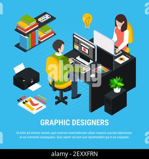 Conception graphique concept isométrique coloré avec deux artistes travaillant dans illustration vectorielle office 3d Illustration de Vecteur