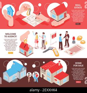 Ensemble de bannières isométriques horizontales agence immobilière avec maisons pour la vente illustration vectorielle isolée à fond coloré Illustration de Vecteur