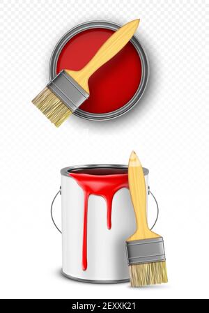 Boîte à peinture avec brosse, seau en étain avec gouttes rouges vue de dessus et de face, pot en métal, contenant avec colorant pour travaux de rénovation isolés sur fond transparent, illustration vectorielle 3d réaliste Illustration de Vecteur