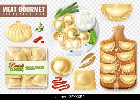 Ensemble de plats gastronomiques à base de viande réalistes sur fond transparent avec images isolées de boulettes et illustrations vectorielles de raviolis Illustration de Vecteur