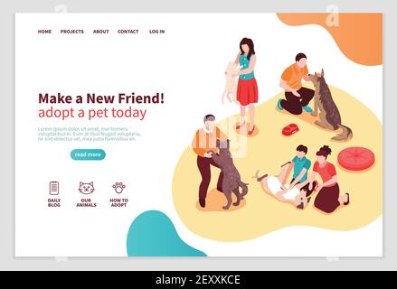 Page web isométrique d'abri animal avec des personnages humains pendant la communication avec illustration vectorielle pour chiens et chats Illustration de Vecteur