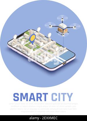 Composition isométrique colorée et élégante avec carte 3d et résumé illustration de vecteur de drone dans smartphone Illustration de Vecteur