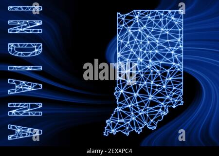 Carte de l'Indiana, carte polygonale en maille, carte bleue sur fond sombre Banque D'Images