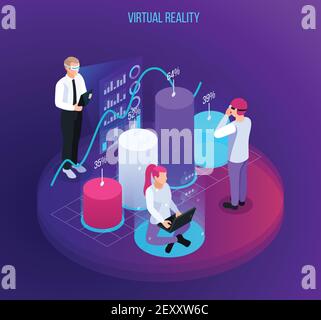 Réalité augmentée virtuelle composition isométrique à 360 degrés avec objets infographiques chiffres et symboles avec illustration vectorielle de caractères humains Illustration de Vecteur