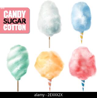 Ensemble de coton sucrier réaliste avec des images isolées de couleur confiseries candyfloss bâtons sur fond vierge illustration vectorielle Illustration de Vecteur