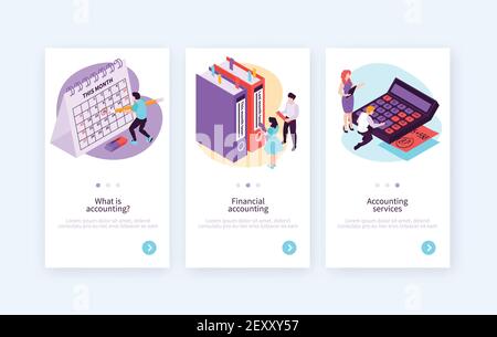 Jeu de trois bannières verticales isométriques de comptabilité avec texte modifiable bouton cliquable et illustration vectorielle d'images conceptuelles commutables Illustration de Vecteur