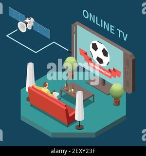 Composition isométrique de télécommunication avec homme regardant la télévision en ligne par satellite à illustration vectorielle 3d d'origine Illustration de Vecteur