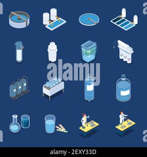 Systèmes de nettoyage de l'eau icônes isométriques avec équipement de purification industrielle et home filtre l'illustration vectorielle isolée sur fond bleu Illustration de Vecteur