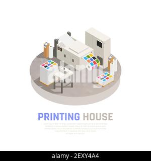 Impression couleur et isolée polygraphie isométrique composition avec monochrome illustration vectorielle de la salle d'impression couleur Illustration de Vecteur