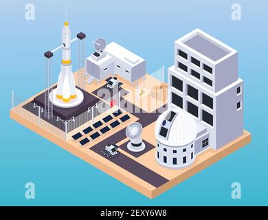 Exploration spatiale composition isométrique avec vue du centre de formation avec illustration du vecteur de lancement des bâtiments et des mouvements de la machine Illustration de Vecteur