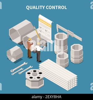 Composition isométrique avec des produits de l'industrie des métaux et des travailleurs faisant de la qualité contrôler l'illustration vectorielle 3d Illustration de Vecteur