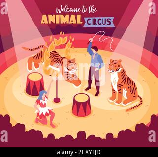 Les artistes de cirque isométriques montrent de la composition avec des animaux et des artistes arena avec public et illustration vectorielle de texte modifiable Illustration de Vecteur