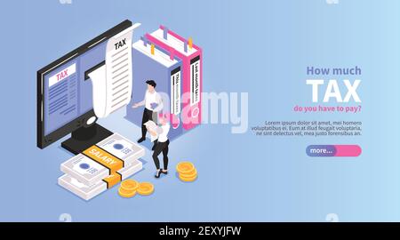 Bannière horizontale de comptabilité isométrique avec bouton de curseur texte modifiable et personnages comptables masculins à proximité de l'illustration vectorielle de l'ordinateur de bureau Illustration de Vecteur