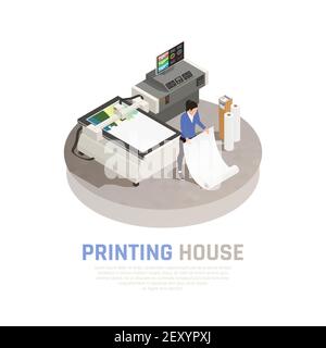 Composition polygraphique de la maison d'impression colorée et isométrique avec l'employeur de illustration vectorielle de bureau polygraphique Illustration de Vecteur