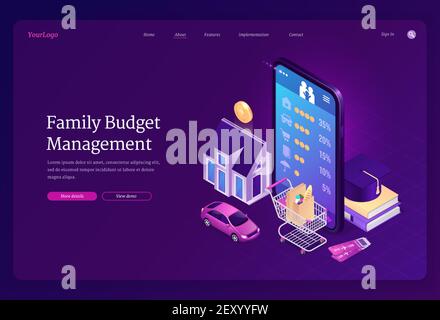 Page d'accueil isométrique de gestion du budget familial. Application de téléphonie mobile pour la planification financière, les revenus monétaires et les dépenses analytiques. Bandeau web vectoriel 3d mobile, mobile, mobile, voiture, maison et éducation Illustration de Vecteur