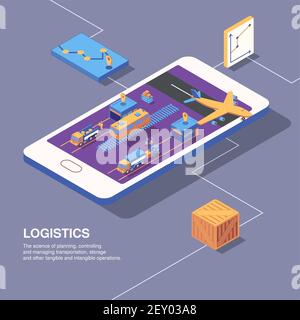 Composition de livraison logistique isométrique avec graphiques d'image de smartphone icônes de boîtes de transport et colis avec illustration de vecteur de texte Illustration de Vecteur