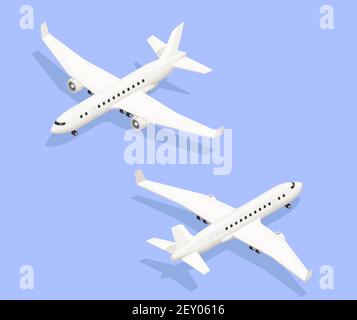 Composition isométrique de l'aéroport avec images isolées d'avions propulsés par jet à partir de deux angles différents avec illustration du vecteur d'ombres Illustration de Vecteur