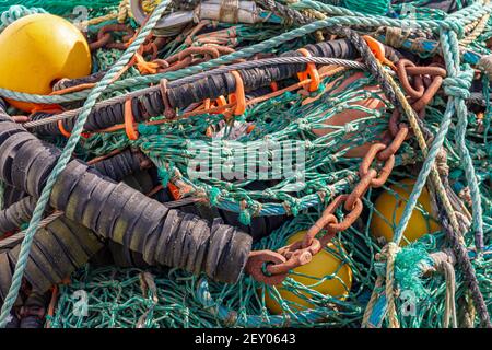 Gros plan sur les filets de pêche, les chaînes, les lignes et l'équipement, star Island, Montauk, NY Banque D'Images